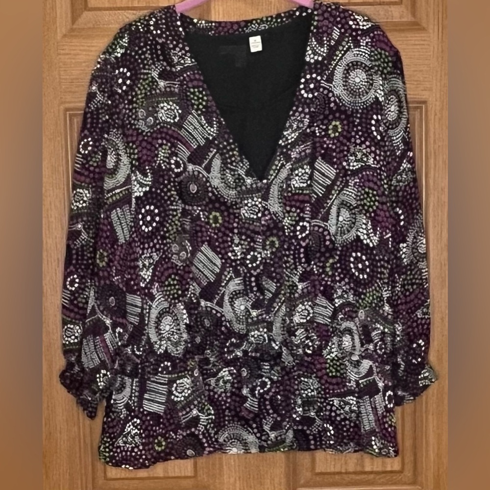 JM Collection Black and Purple Patterned Blouse